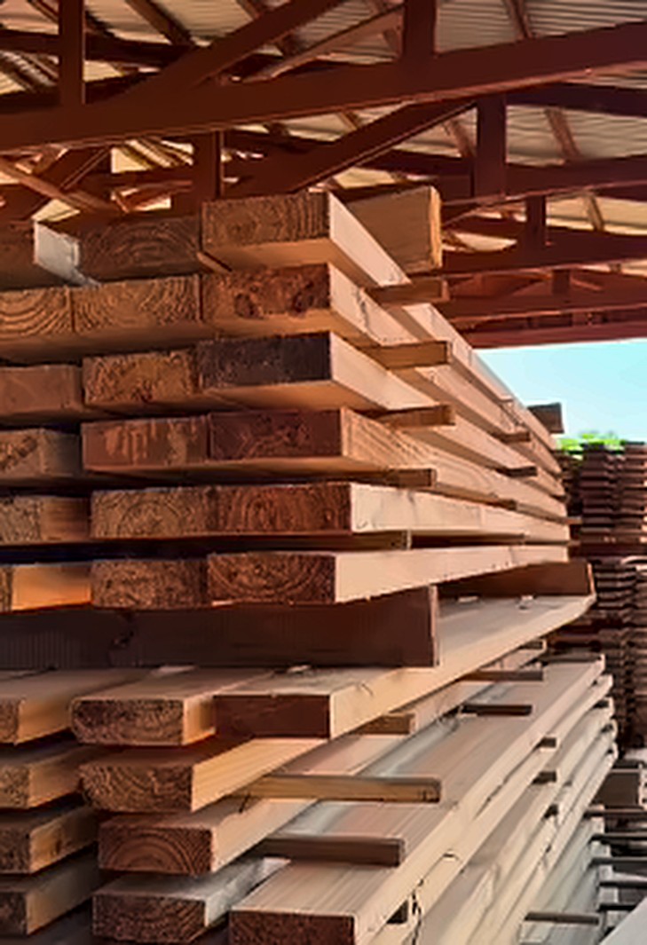 Madera aserrada apilada bajo un galpón
